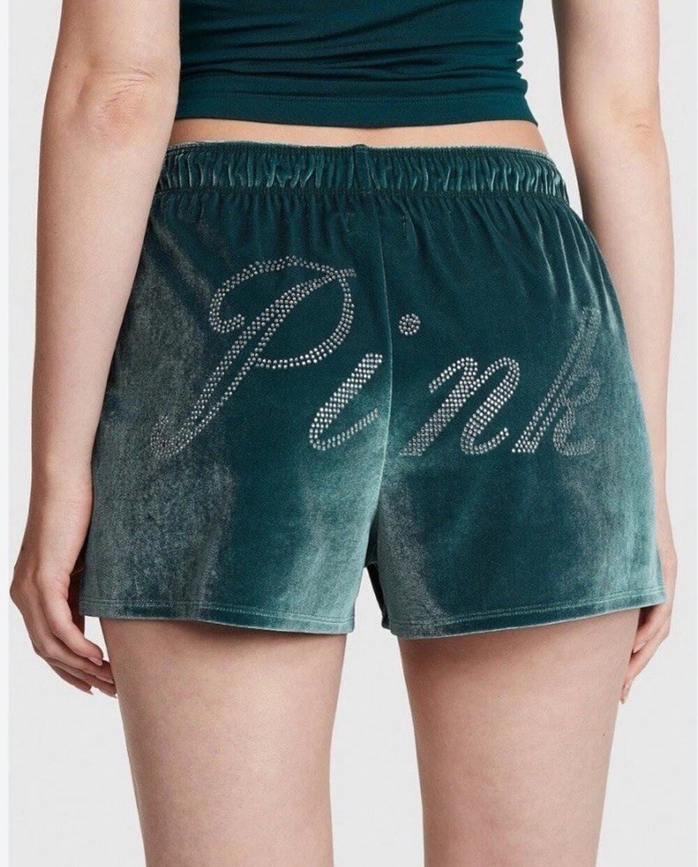 Victoria’s Secret PINK Velvet Crystal Rhinestone Pajama Shorts GREEN Bling XS